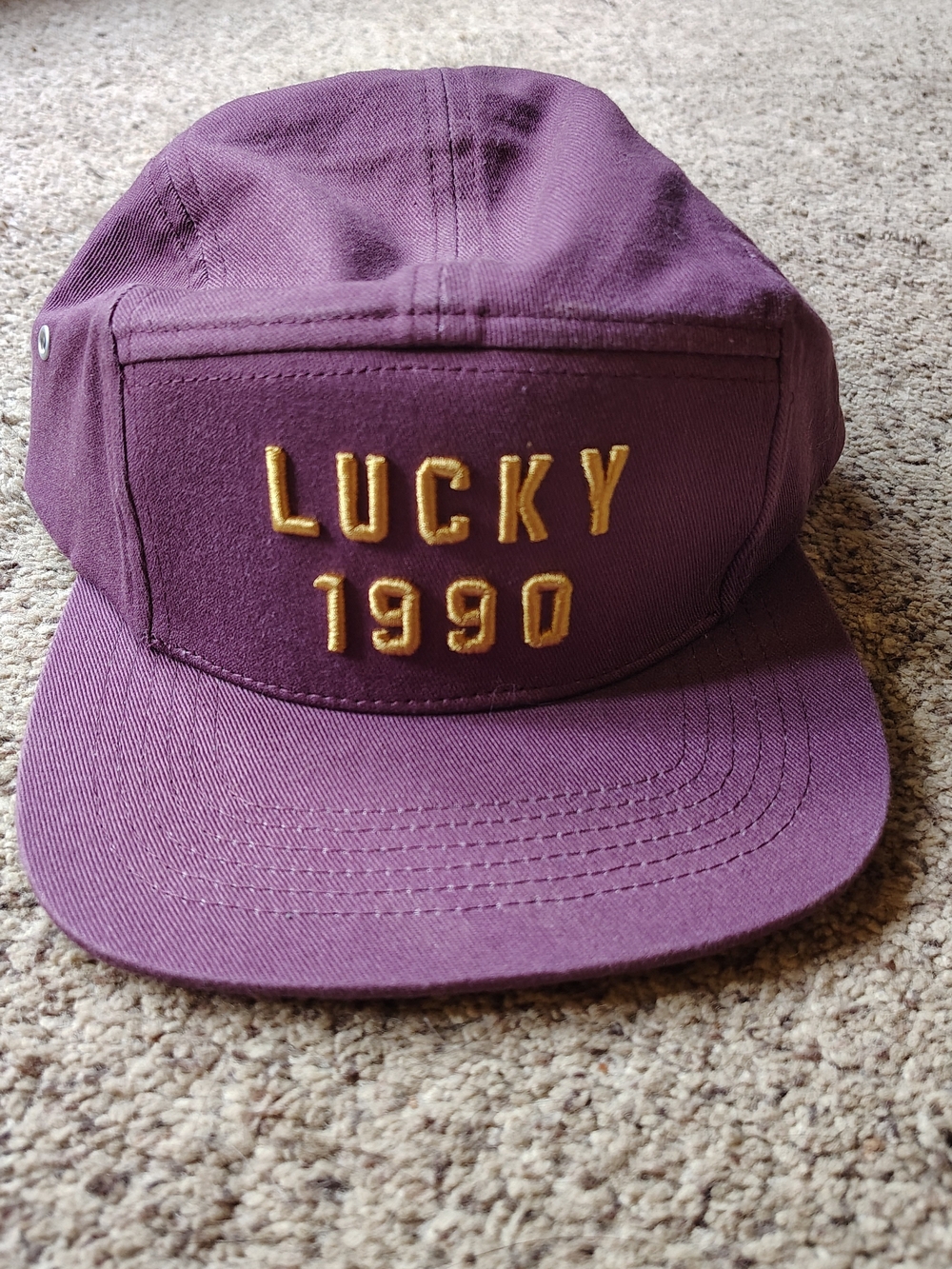Lucky Brand 5 Panel Hat Purple 1990 Gold Embroidery Cotton Adjustable Strap Back